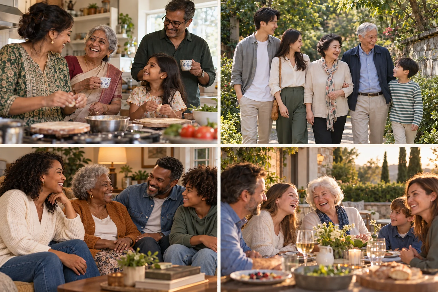 Four family scenes: an Indian family cooking together, a Korean family outdoors, a Black multigenerational family at home, and a white family sharing a meal outdoors